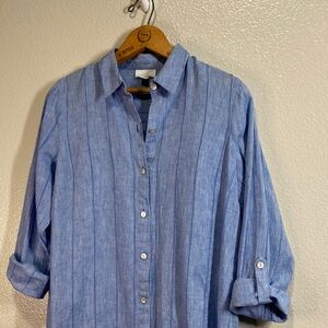 J. Jill Linen cotton Stripe Roll Tab Sleeves Button Shirt Coastal A Line sz XS